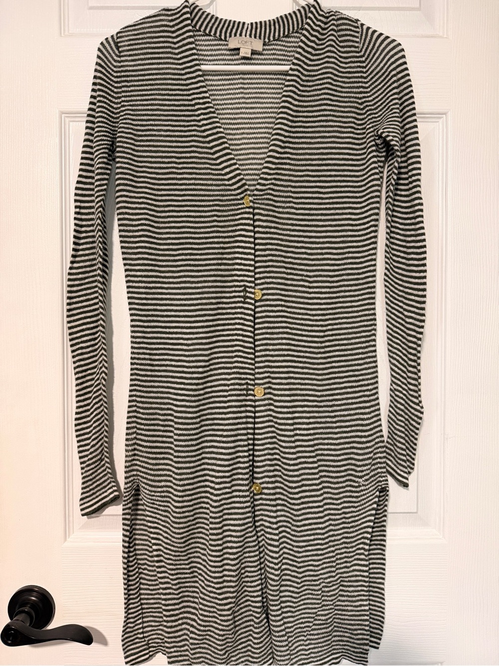 LOFT Black and White Striped Long-Sleeve Button Dress